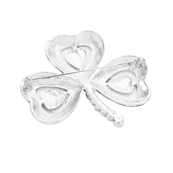 ST. PATRICKS DAY IRISH SHAMROCK CLOVER GREEN RHINESTONE LARGE BROOCH - Picture 4 of 4